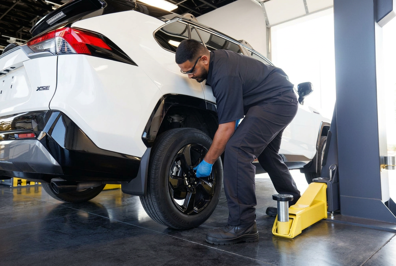 Skylight technician performing a tire service on a white SUV