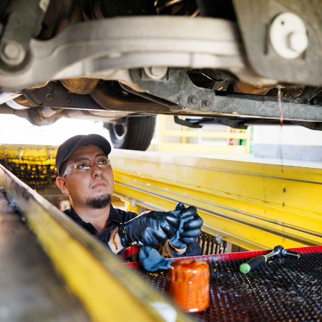 Mechanic inspecting the undercarriage of a vehicle on the lift
