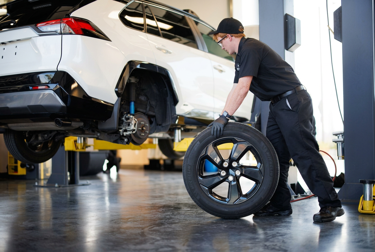 Technician rolling a new tire next to a lifted SUV in the service bay